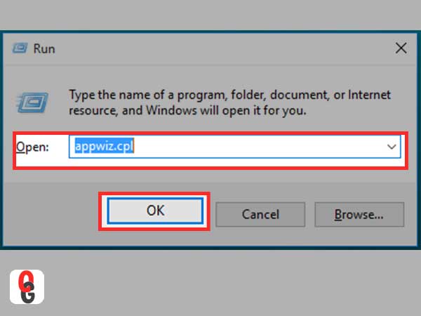 Type “appwiz.cpl” in the Windows Run Dialog box and then, click on the ‘OK’ button.