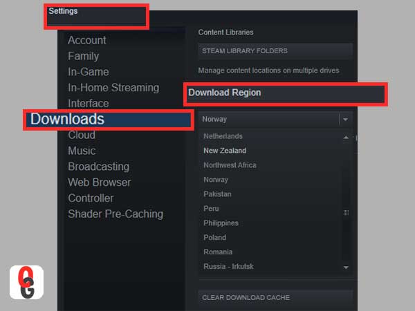 Select the ‘Downloads’ tab located in the left panel and choose a different “download server location” from that Download region’s drop-down menu