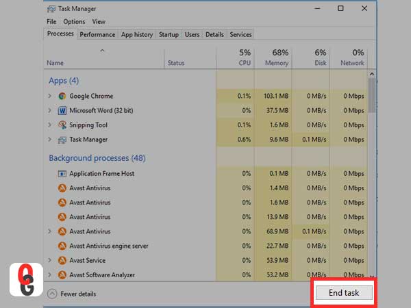 Select all unnecessary apps running and click on ‘End Task’ option