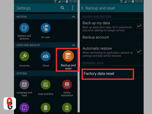 Tap on ‘Backup and Reset’ button and choose ‘Factory Data Reset’ option.