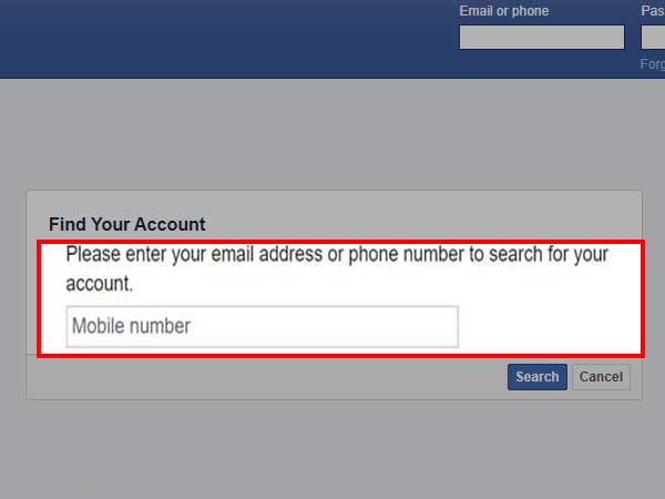 Enter your username, email address, or mobile number associated with your Facebook account