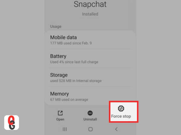 From Settings, search and tap on ‘Snapchat’ and then, tap on the ‘Force Stop’ option.