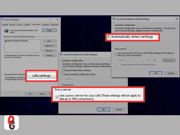 Inside LAN Settings, untick the ‘Proxy server’ and click on the ‘Automatically detect settings’ option and then, hit OK