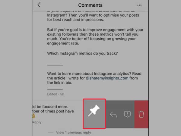 On a comment swipe from right to left and tap the Pushpin or Thumbtack icon.