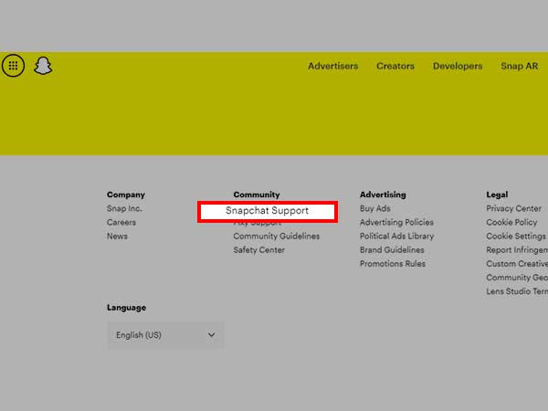 On the Snapchat.com website, scroll down to the bottom and click on ‘Support’ to expand.