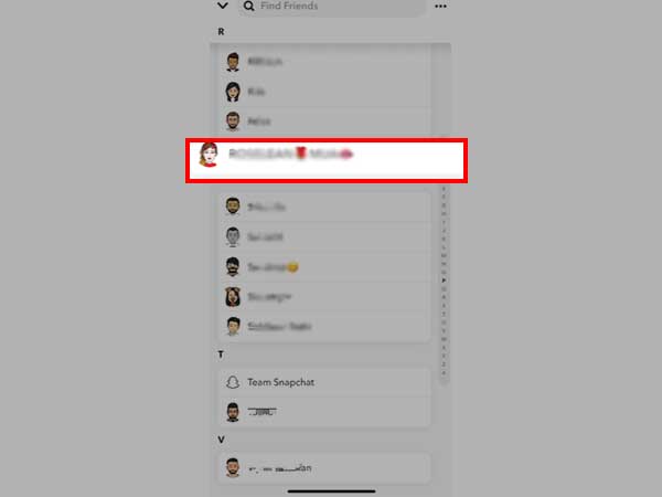 Find and tap on the ‘User’ name from the friend’s list whose Snapchat Score you want to see.