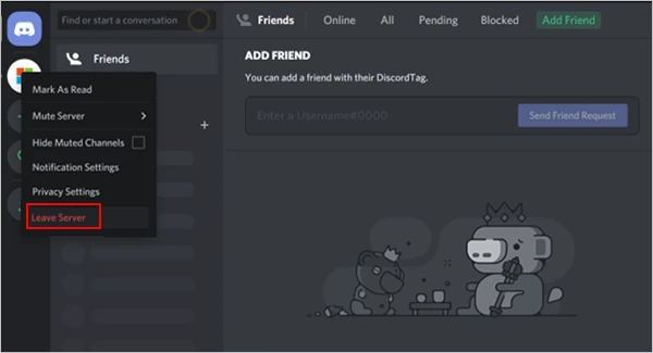 Choose the ‘Leave Server’ option.