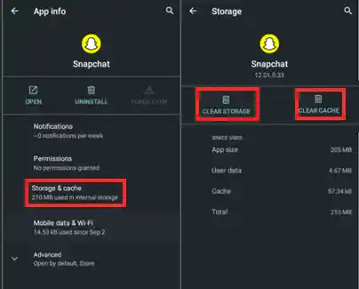 Clear Cache and Storage of Snapchat App.