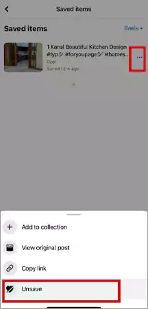 Click on the three dot and select Unsave to remove a saved reel