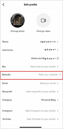 Click on “Website” to add the link you want to include in your TikTok Bio