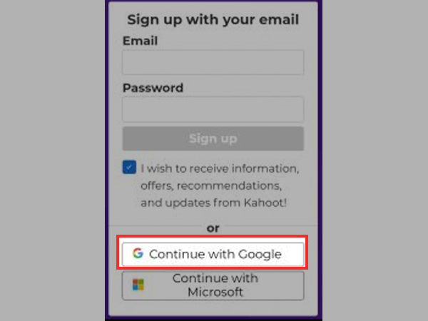 Tap on ‘Continue with Google’ to sign up on Kahoot with a Google account.