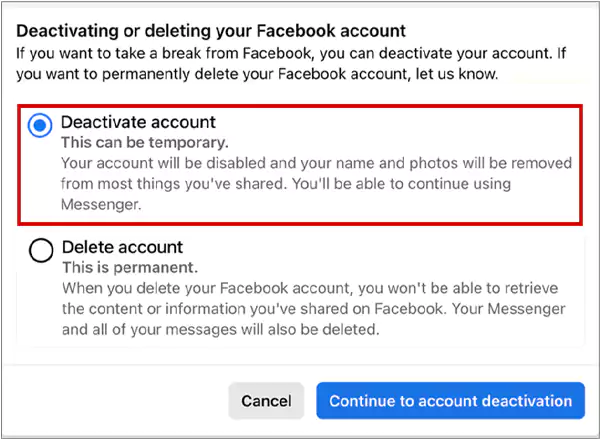 Facebook account deactivated