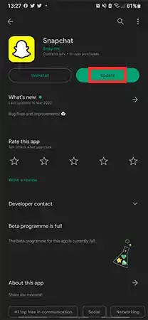 Field to Update Snapchat from Google Play Store