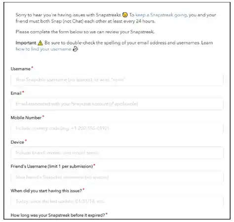 Fill the form to let Snapchat help you recover your lost streak
