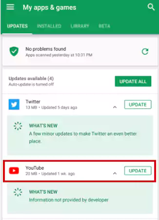 Go to the My apps and games section and see if there is an update available for the YouTube app