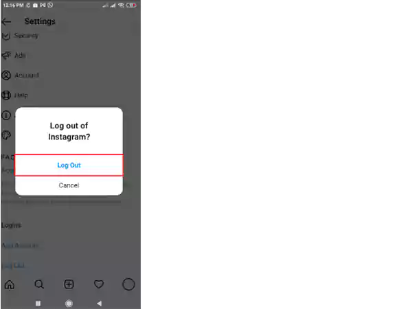 Instagram account log-out popup