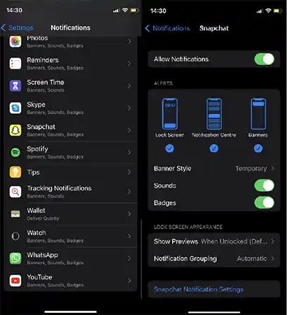 Options on iPhone’s “Settings” and “Notifications” 