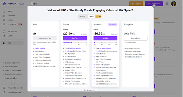  Prices of Vidnoz AI Plan