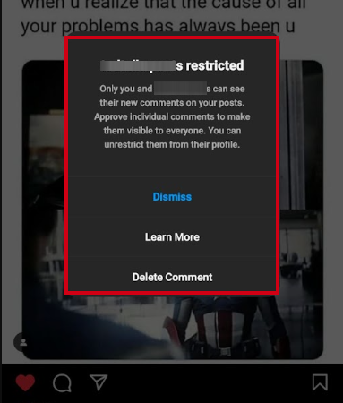 Restricted someone on Instagram through the comments section