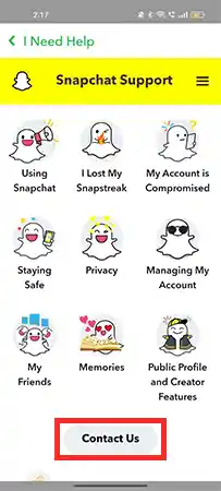 Snapchat Support Page