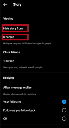 Tap on 0 People within Hide story from section