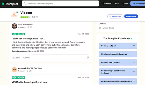 Viboom review on TrustPilot