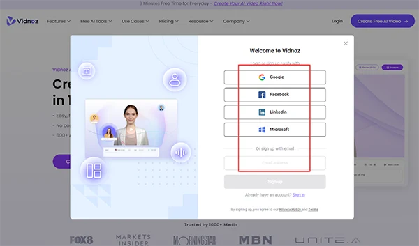 Vidnoz AI Login Options