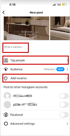 Write caption tag people add location or include hashtags